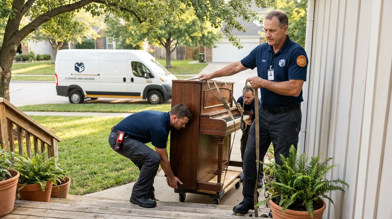 Licensed piano movers securing grand piano in Westville, NJ