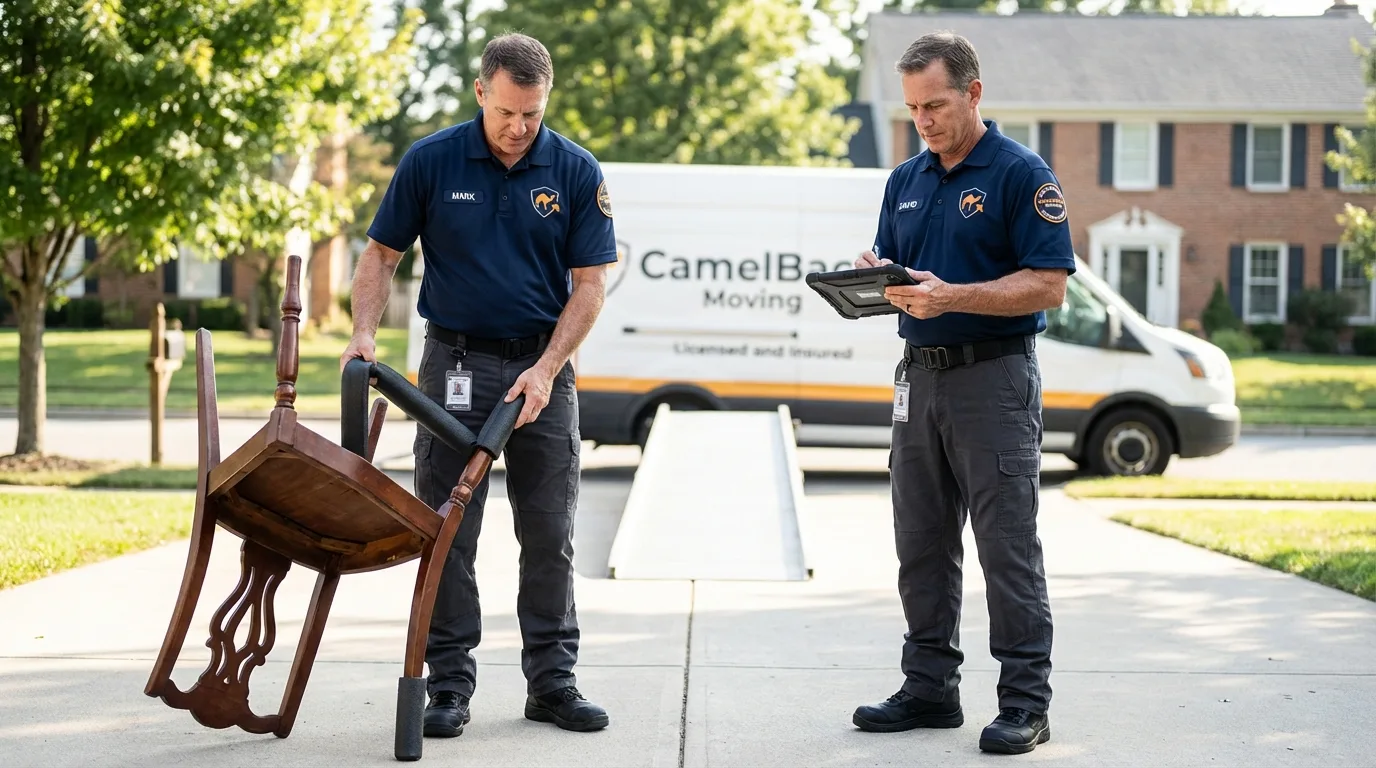 Movers inspecting furniture for damage prevention before loading in Westville, NJ