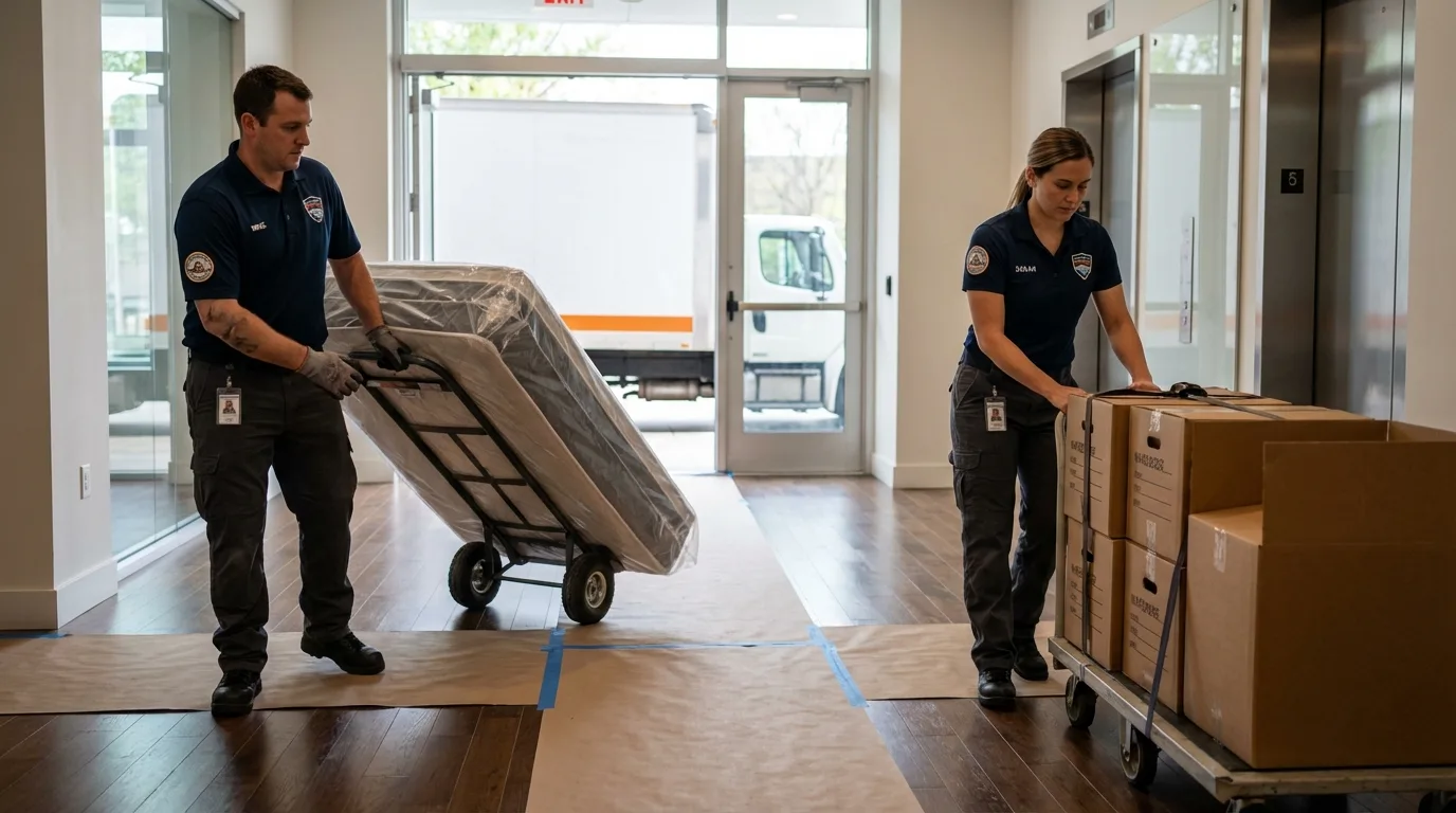 Professional apartment movers loading elevator in Westville, NJ